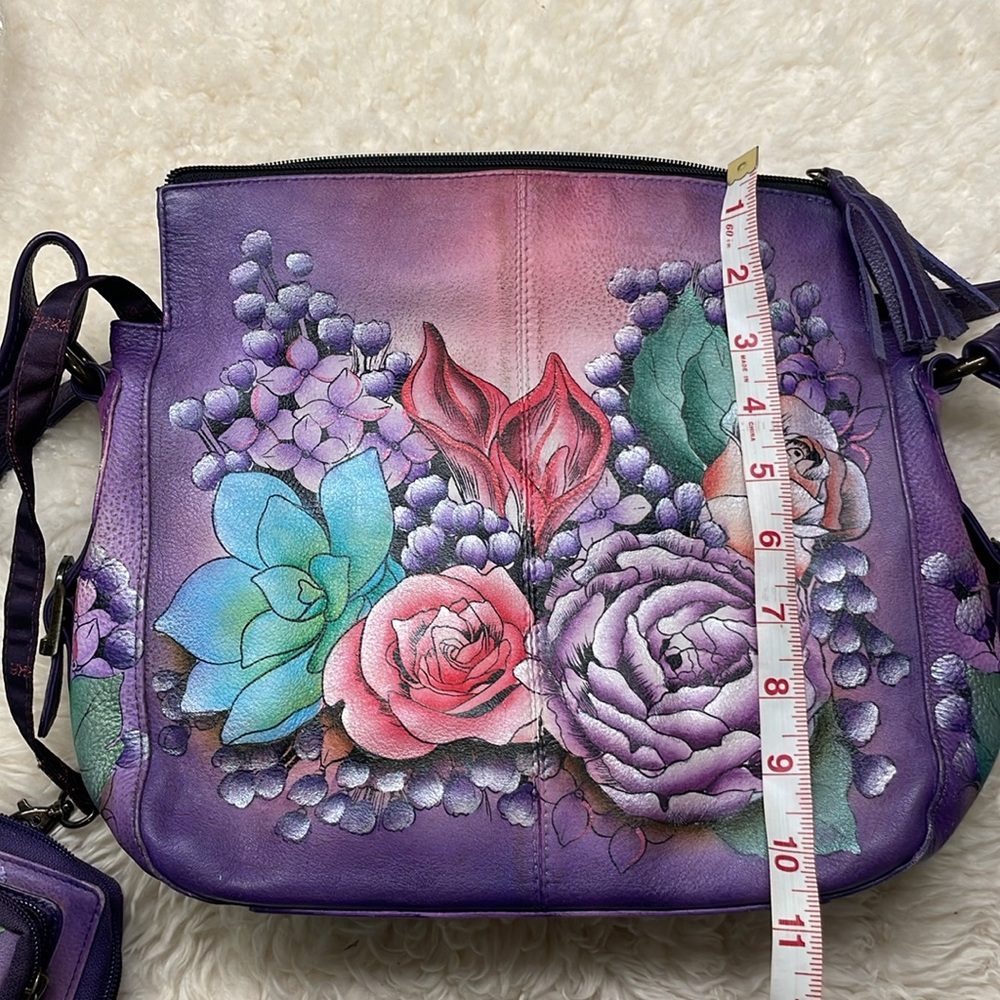 Anuschka Floral Purple Handbag and Wallet Set with bag charm and eyeglass pouch - Picture 4 of 14